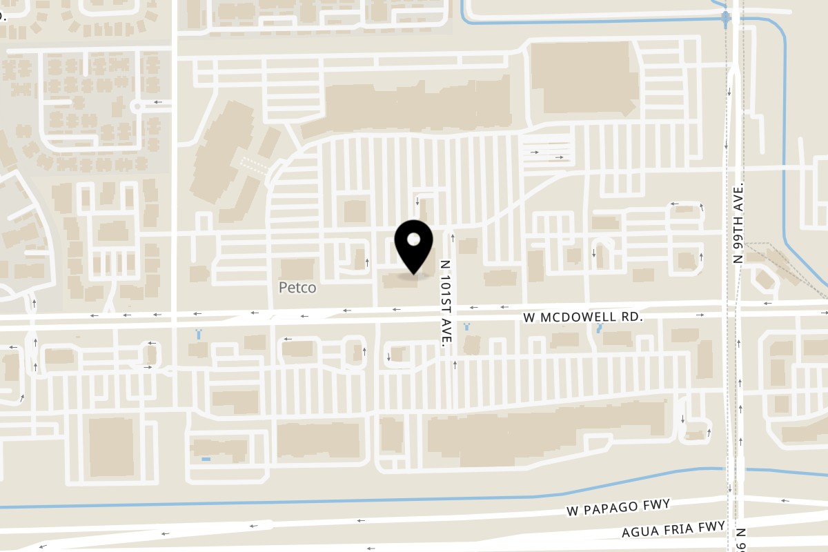 Map showing the location of Rollin Smoke Barbecue on 10120 W McDowell Rd #160 in Avondale